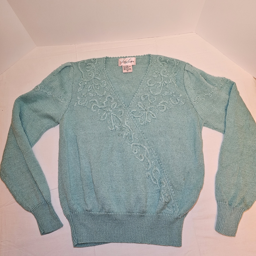 Elegant Teal Sweater Embroided Neck Line for Women Warm